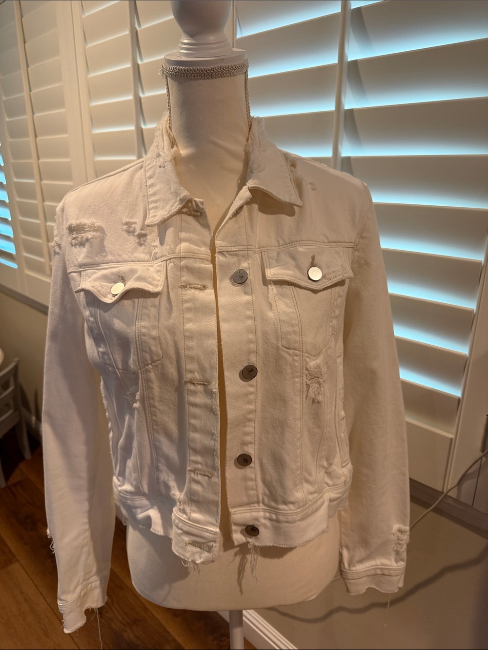 Distressed White Denim Jacket - Women's
